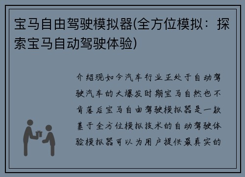 宝马自由驾驶模拟器(全方位模拟：探索宝马自动驾驶体验)